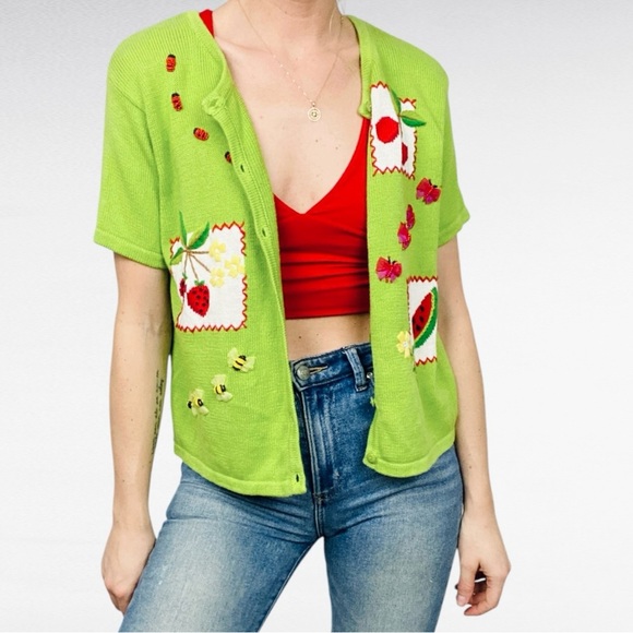 VINTAGE | Classics by Marisa Christina Petite Green Button Front Appliqué Shirt - Picture 9 of 12